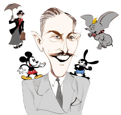 Walt Disney, American film producer, business magnate, cartoonist and animator; caricatured with Mary Poppins by Neale Osborne